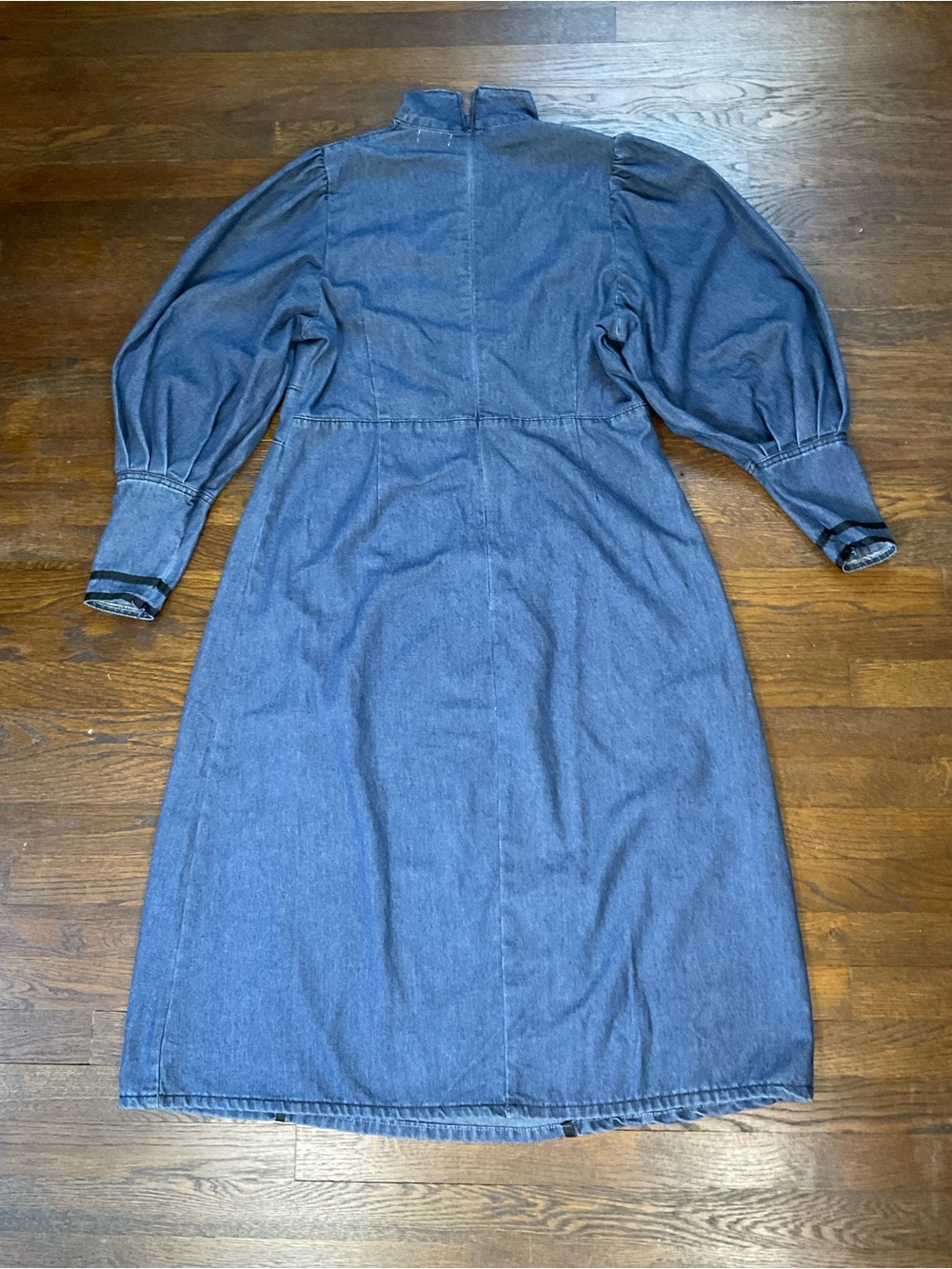 NWT ATTRIME Denim Midi Dress Puff Sleeve High Neck Black Trim Equestrian L/XL - Picture 10 of 16